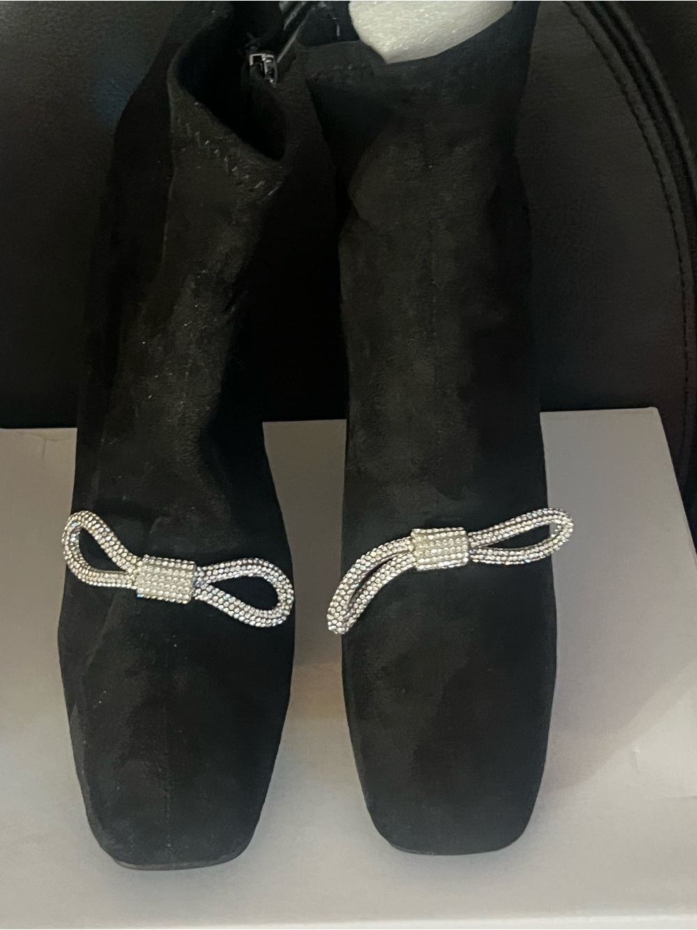 Black Suede Ankle Boots with Crystal Bow Accent - Women